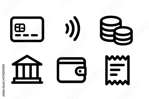 Collection of financial and payment method icons including credit card, wallet, and coins