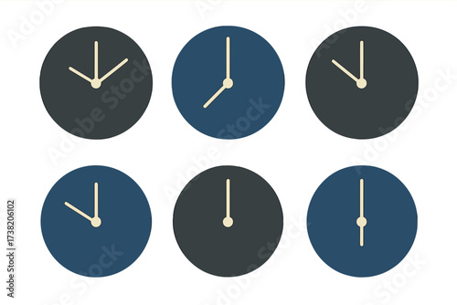 Collection of minimalist clock faces displaying different times and time concepts