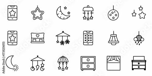 Create a charming nursery design with these whimsical hand-drawn baby icons featuring stars, moons, cribs, and mobiles perfect for baby shower invitations and birth announcements