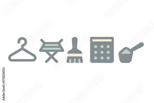 Set of essential household cleaning, laundry, and utility items as modern flat icons