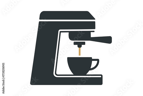 Modern espresso machine brewing fresh coffee into a dark cup on a white background