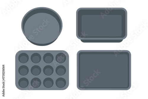 Collection of essential kitchen bakeware including cake, loaf, and muffin pans