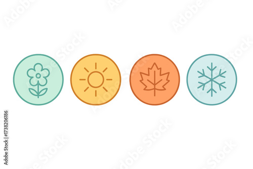 Four colorful seasonal icons representing spring, summer, autumn, and winter weather
