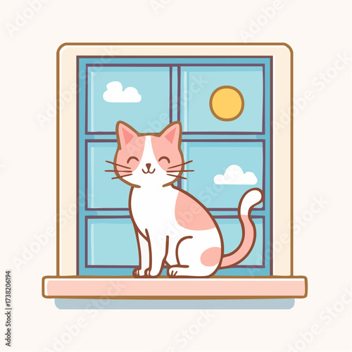 A cute, smiling pink and white cat sitting on a windowsill looking out at a sunny day with clouds.