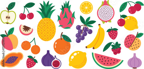 Fresh summer fruits delight with vibrant colors apple cherry pineapple dragonfruit lemon grapes banana strawberry watermelon fig papaya peach
