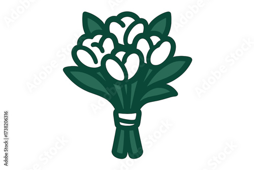 Stylized bouquet of white flowers with green leaves and tied stems for decorative purposes
