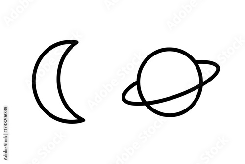 Simple outline icons of a crescent moon and a ringed planet in minimalist style