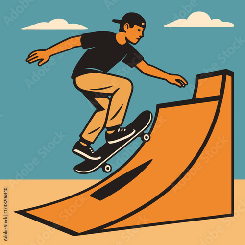 Skateboarder illustration, dynamic pose, performing tricks, vibrant ramp design, copy space