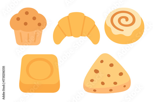 Collection of freshly baked pastries and sweet treats including muffins and croissants