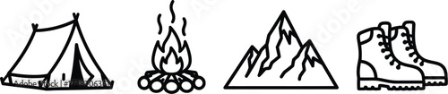 Vector art of camping equipment including tent, fire, mountain, and boot