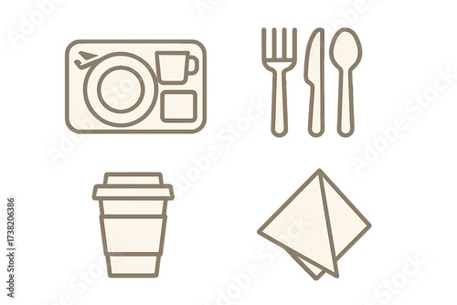 Travel dining essentials featuring airplane meal tray, cutlery, coffee cup, and napkin