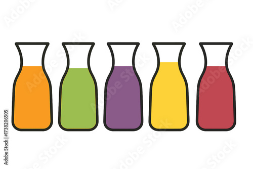 Vibrant row of five colorful bottles filled with different colored liquids, showcasing a spectrum of hues