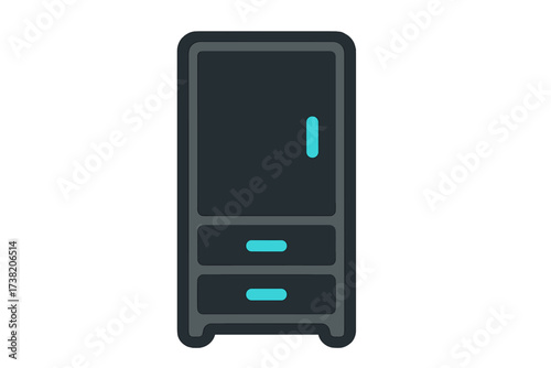Minimalist dark gray storage cabinet with two drawers and a single door