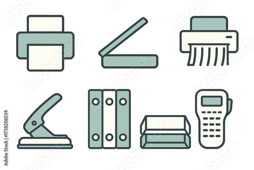 Collection of essential office equipment and supplies for business and administration tasks