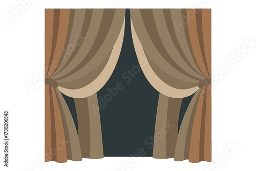 Elegant stage curtains with warm brown and beige drapes tied back for a theatrical opening