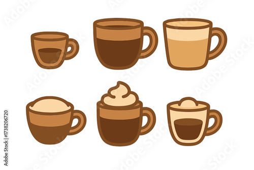 Collection of various coffee cups with different hot beverages and toppings