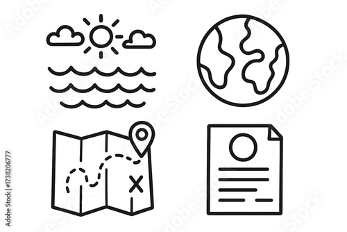 Hand-drawn vector doodle icons of map, oceans, land, destination, travel information, holidays, vacations, location marker, world globe, and travel planning concept illustrations