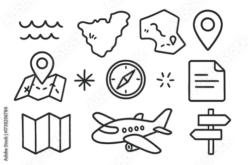 Hand-drawn travel and vacation vector doodle icons with maps, ocean waves, land shapes, destination markers, compass, airplane, route signs, and travel documents