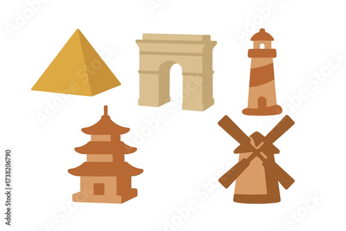 Famous global landmarks and architectural wonders representing diverse world heritage
