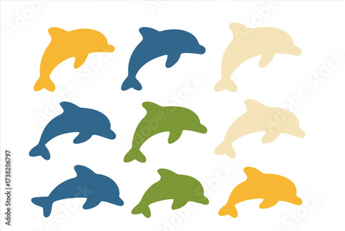 Vibrant marine life dolphin silhouettes in a playful seamless pattern design