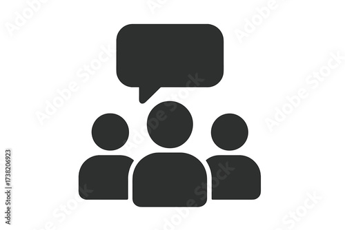 Trendy flat glyph icon of three people with speech bubble, teamwork collaboration, business meeting discussion, group conversation, communication concept vector illustration