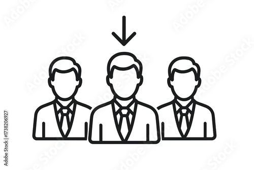 Trendy thin line icon of three business men with arrow pointing at one, symbolizing job recruitment, success, professional opportunity, candidate selection, career growth