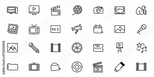 Dynamic collection of essential media production and content creation icons, perfect for digital storytelling, filmmaking, and broadcast industries
