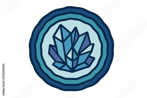 Abstract blue crystal cluster with geometric facets inside a layered circular geode formation