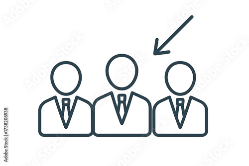 Professional recruitment concept with three business men and arrow selecting candidate, job search, career success, hiring process, employment opportunity, team selection