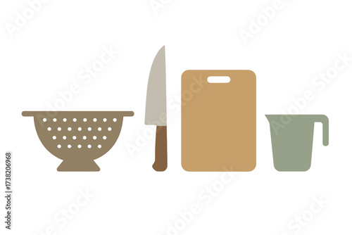 Essential kitchen tools for cooking and food preparation including a colander knife cutting board and measuring cup