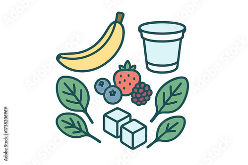 Collection of fresh fruits, berries, spinach leaves, and ice cubes for a healthy smoothie