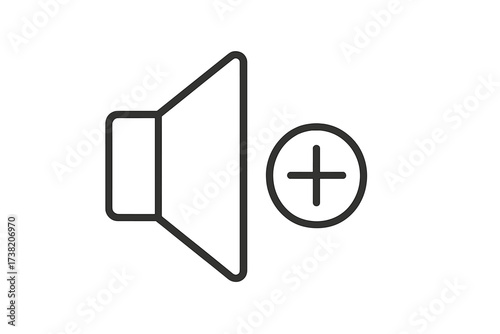 Volume increase icon, thin line speaker with plus sign, sound amplification, higher audio control, audio settings vector illustration, transparent background