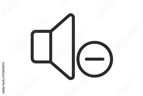 Volume decrease icon vector, thin line speaker with minus sign, sound volume control symbol, audio mute interface, transparent background illustration, digital sound adjustment graphic