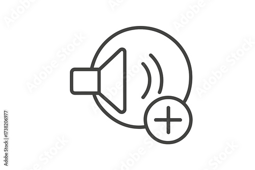 Volume Increase Icon, Thin Line Speaker with Plus Sign, Sound Amplify Vector Illustration, Audio Volume Control Symbol, Transparent Background Graphic