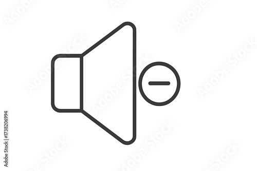 Volume decrease icon vector. Thin line speaker with minus sign symbolizing sound volume reduction, mute control, audio settings interface, transparent background illustration.
