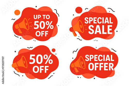 Set of modern abstract vector banners for sales promotion. Up to 50% off special offer and discount text. Red graphic design elements for advertising with megaphone icons.