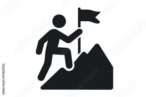 Man with flag on top of a mountain. Success, achievement, reaching the goal concept. Business vector icon. Leadership, victory, and mission accomplished symbol.