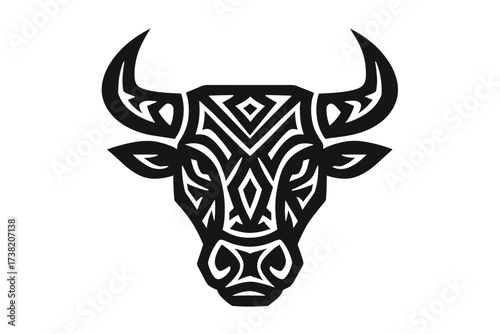 Tribal bull head vector icon for logo design. Abstract geometric animal silhouette for tattoo. Symbol of power, strength, finance market, and the Taurus zodiac sign.