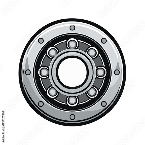 Metal Bearing Part Illustration, Steel Automotive or Machine Component, Engineering Icon
