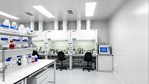 Empty chemical research laboratory with various equipment arranged on benches and inside fume hoods for scientific experiments, footage