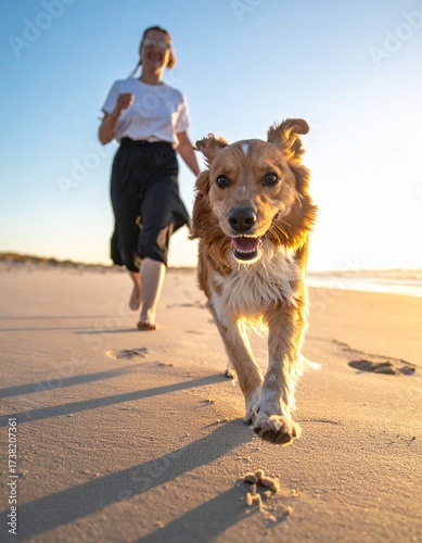 Generated image Playful dog running with owner on sandy beach. Friendship between a dog and a human. Sport activity with dog on the beach. dog on vacations.