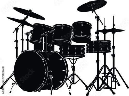 Drum kit silhouette, musical instrument, percussion setup, black outline, white background, snare drum, cymbals, tom-toms, hi-hat, rhythm gear