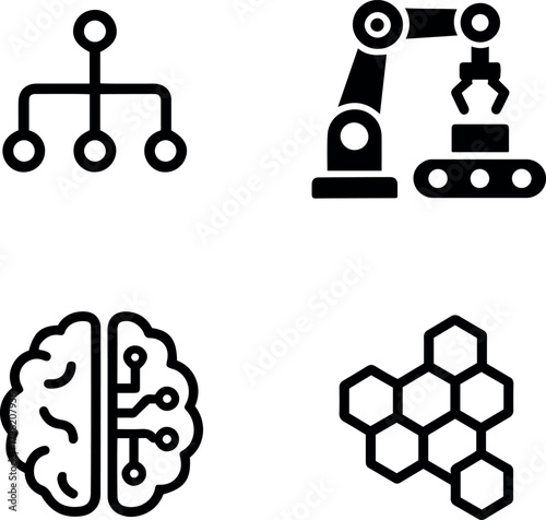 Vector icons depicting a network diagram, robotic arm, brain circuit, and honeycomb grid