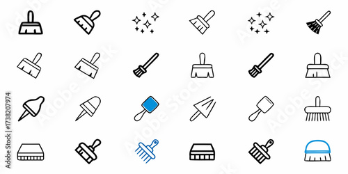 Collection of various brushes and cleaning tools icons, representing tidiness, hygiene, and maintenance for a spotless environment, perfect for digital and print projects.