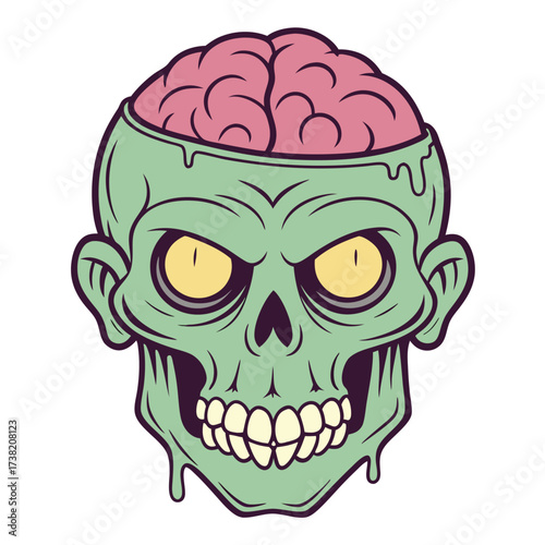 Cartoon zombie skull reveals pink brain, sporting golden yellow eyes over a white background