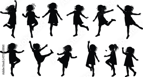 Child silhouette, jumping pose, dancing child, running girl, energetic movement, playful kid, black outline, white background, motion study, active lifestyle