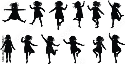 Girl silhouette, dancing pose, jumping motion, running child, energetic movement, black figure, white background, expressive gesture, active lifestyle, youth action
