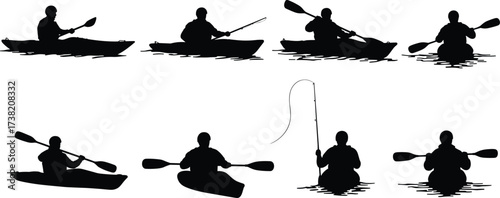 Silhouette vector illustration of people kayaking and fishing on water with paddles, boats, ripples, outdoor adventure, sport, recreation scene