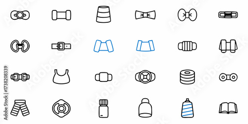 Collection of fitness and sports equipment icons in a simple line art style