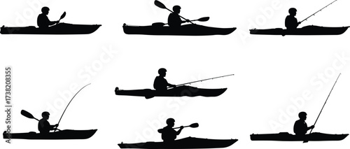 Silhouette vector illustration of kayaking and fishing activities showing people paddling kayaks, casting fishing rods, outdoor adventure, water sport recreation